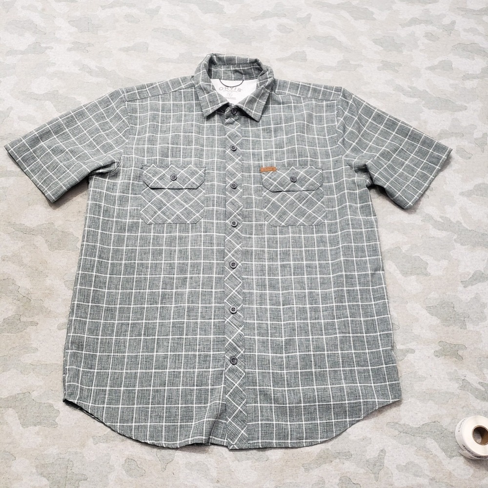 Orvis Shirt Mens Medium Gray Pockets‎ Short Sleeve Button Up Check